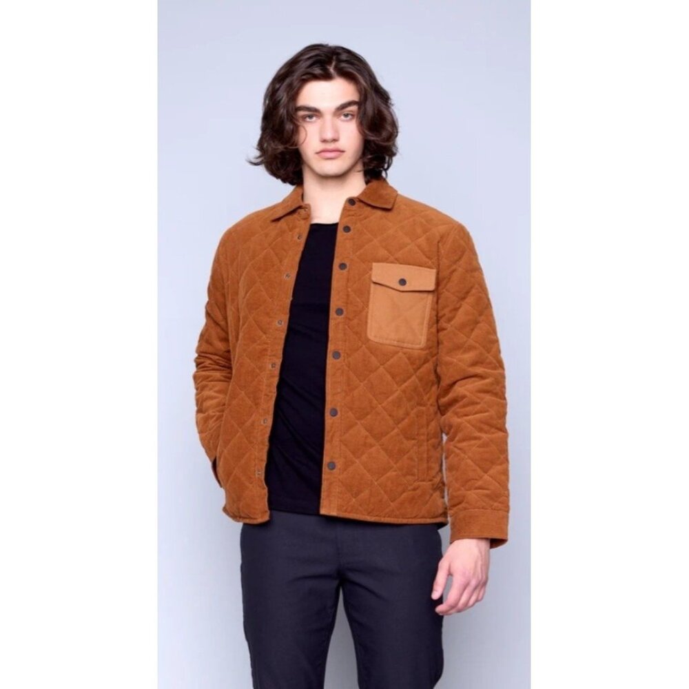 Hedge Men's Woven Corduroy Jacket Caramel Brown Snap Button S